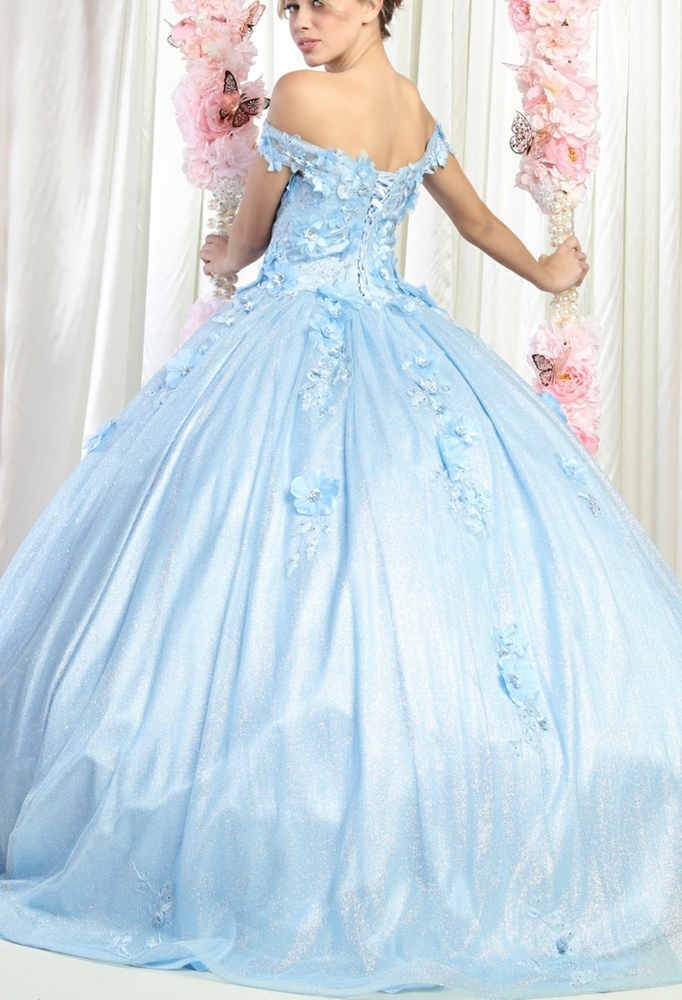 Red or blue Off shoulder floral beaded lace up back quiecenara  ball gown - Picture 4 of 9